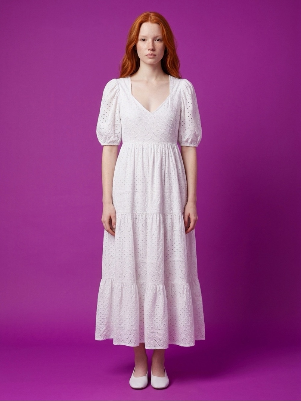 White Eyelet V-Neck Maxi Dress with Puff Sleeves